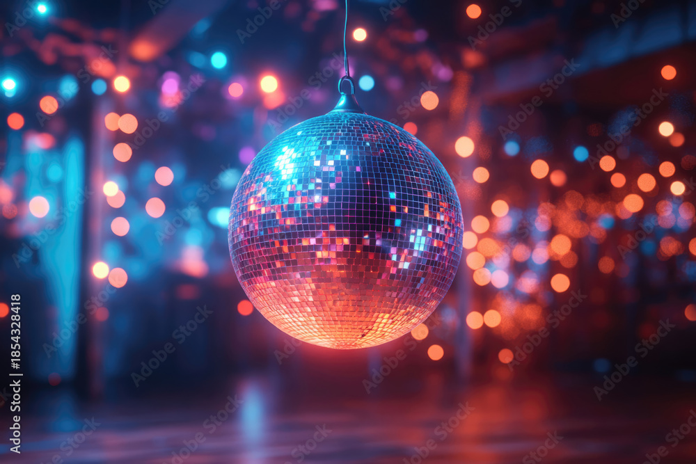 Obraz premium Vibrant Disco Ball Spinning Under Colorful Nightclub Lights