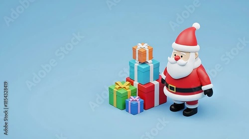 Santa Claus waving with colorful Christmas presents