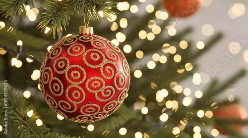Beautiful red Christmas ornament with gold swirls on tree branch