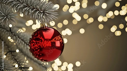 Red Christmas ornament on snow-covered pine branch with warm glowing lights