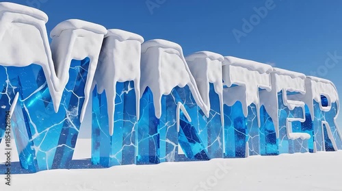 Frozen winter sign with icy letters and snow on a clear blue day