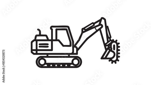Excavator with demolition attachment operating on a construction site viewed from the side