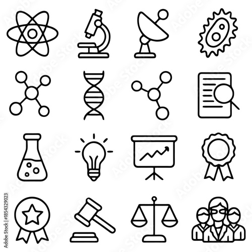 Science Icons Collection: A comprehensive set of illustrative icons representing various scientific concepts and tools, conveying the essence of scientific exploration and discovery.