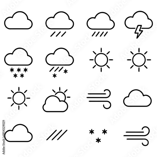 Weather Icons: Minimalist weather icons in a grid pattern. Featuring clouds, rain, snow, lightning, sun, and wind, it's a versatile visual resource for various design needs. 