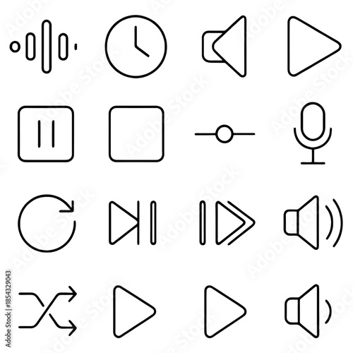 Interface Icons of Audio Tools: A collection of meticulously crafted, minimalist icons representing the essential controls and functions of audio equipment.