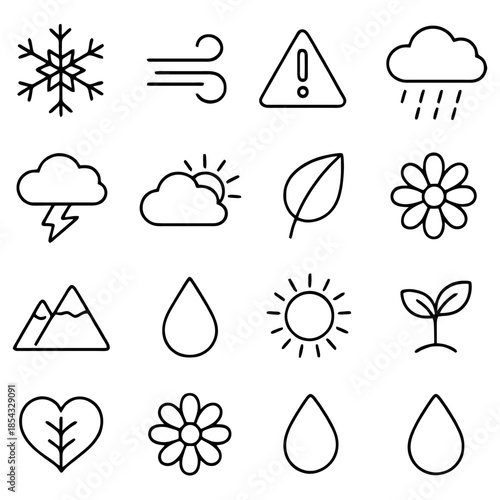 Weather and Nature Icons: A collection of meticulously crafted icons represents a diverse array of weather conditions and natural elements.