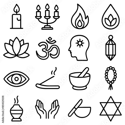 Spiritual Icons Collection: An ensemble of intricately detailed line art icons, each representing a facet of spirituality, enlightenment, and mindful practices.