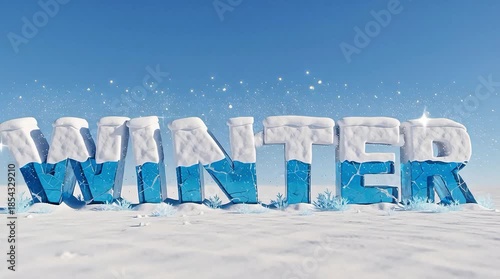 Snowy winter scene with icy WINTER text and frosty blue background
