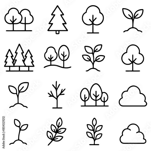Tree and Leaf Icon Set: A collection of meticulously crafted, minimalist icons representing diverse tree species and delicate leaf designs, perfect for symbolizing growth, nature.