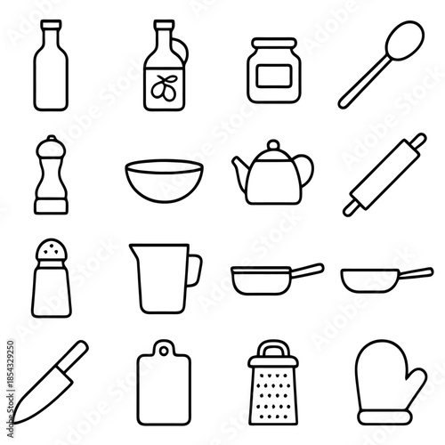 Kitchen Essentials: A detailed illustration showcasing an array of kitchen essentials. From bottles and bowls to cutting boards and graters.