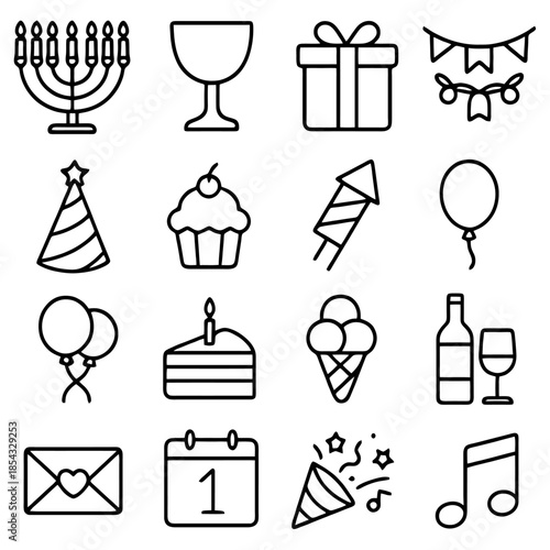 Celebration Symbols Collection: An array of cheerful icons representing the spirit of celebration, ideal for conveying joy, commemorating special events, or adding visual flair to designs.