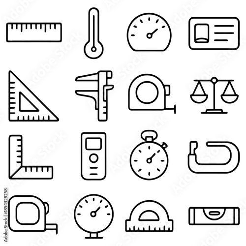 Precision and Measurement: A collection of meticulously crafted, minimalistic icons representing a variety of tools crucial for precise measurement and accurate readings.