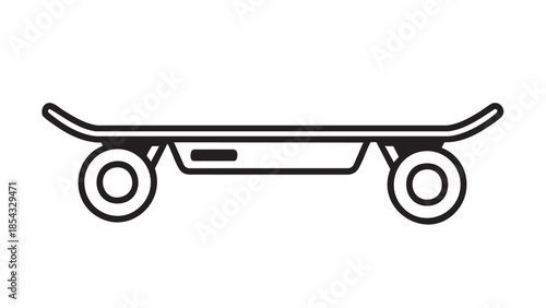 A simple line drawing of a skateboard on a white background viewed from the side