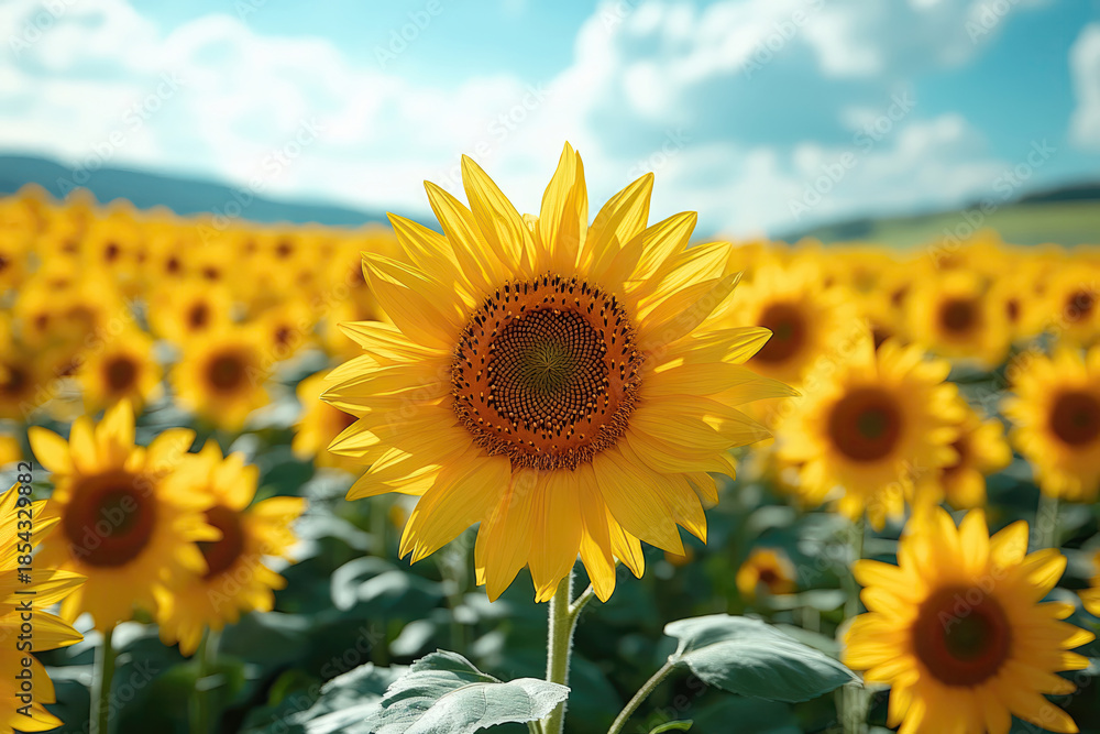 Fototapeta premium Cheerful Summer Landscape with Rustic Farmhouses and Flowers