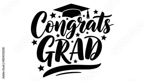 Elegant typographic 'Congrats Grad' design with academic cap and decorative stars celebrating