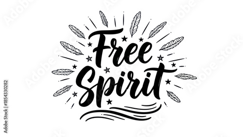 Empowering calligraphy art with decorative feathers and shining stars, evoking a sense of freedom