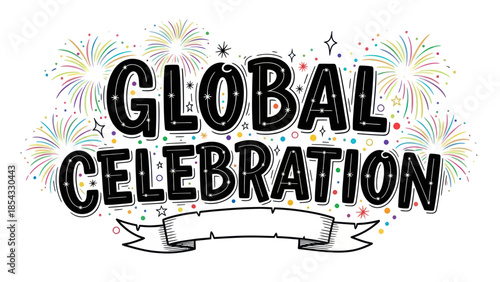 Festive global celebration design with fireworks and confetti
