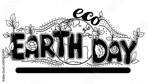 Hand-drawn eco earth day illustration with planet graphic and growing leafy green sprouts for
