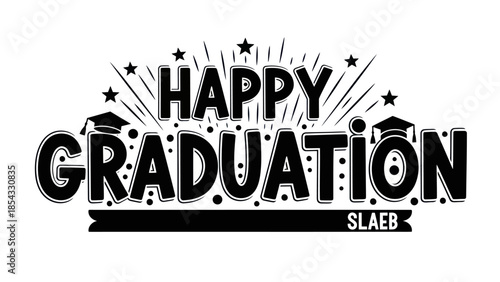 Joyful graduation celebration graphic design with festive stars and academic cap silhouette