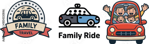 Family in car clipart with happy road trip badge and waving hands