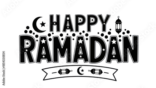 Joyful Ramadan greeting with Islamic symbols and festive embellishments