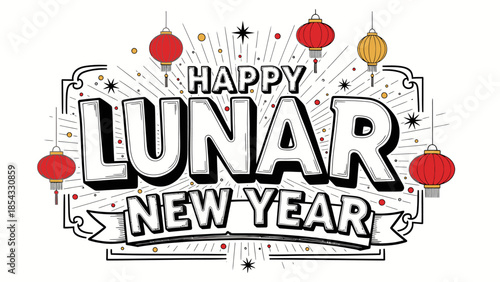 Joyful Lunar New Year greeting illustration with lanterns and decorative outline for festivities