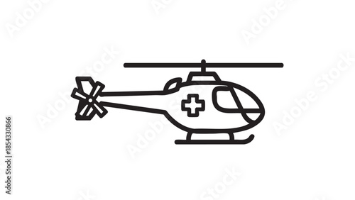 A simple line drawing of a helicopter with a medical cross on its side viewed from the side