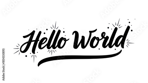 Modern calligraphic phrase 'Hello World' with cheerful star accents on white background