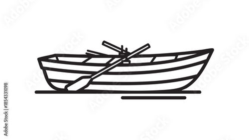 Simple black line illustration of a boat with oars on calm water viewed from the side