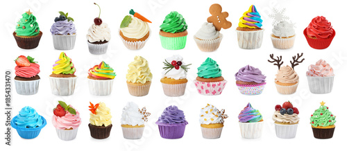 Set of tasty cupcakes with cream isolated on white © New Africa