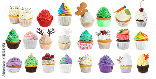 Set of tasty cupcakes with cream isolated on white © New Africa