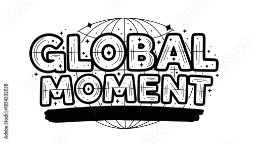 Stylish text graphics of global moment with planetary elements and star accents