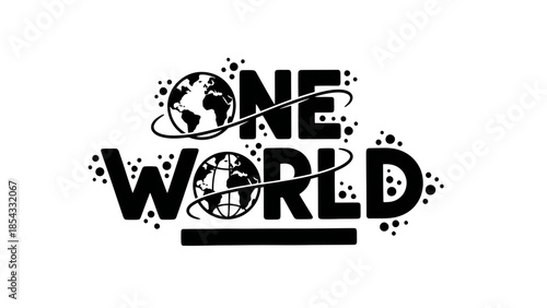 Stylized graphic illustration of the words One World with stylized globes and orbiting rings