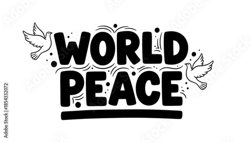 Stylized hand-drawn World Peace lettering with graceful flying doves symbolizing global harmony