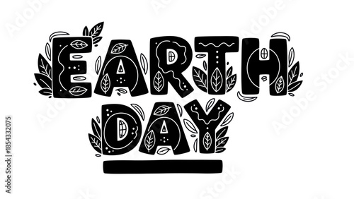 Stylized hand-drawn Earth Day lettering with organic leaf embellishments for environmental