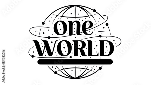 Stylized one world graphic with a global theme and interconnected dots