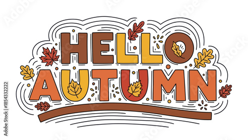 Vibrant autumnal greeting illustration with colorful foliage and playful lettering for seasonal