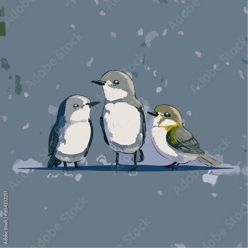 Three Small Birds Standing Together.