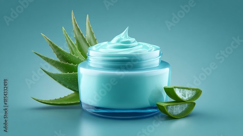 Soothing aloe vera skincare cream in a sleek blue jar, showcasing natural beauty and wellness with fresh green aloe leaves