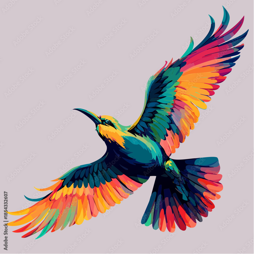 Fototapeta premium Vibrant Multicolored Bird in Flight Illustration.