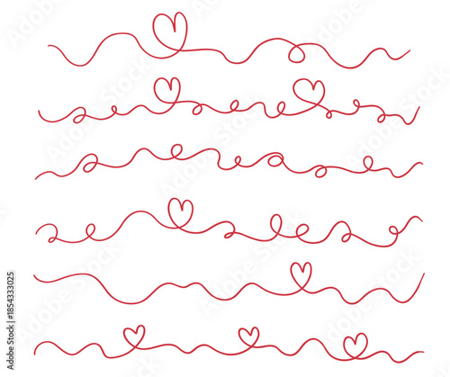 Set of Red Hand Drawn Heart Dividers and Wavy Border Lines for Valentine's Day and Love Concepts