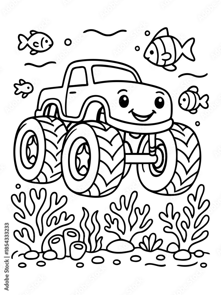 Fototapeta premium Monster Truck Adventure: A cheerful monster truck explores the underwater world, surrounded by playful fish and sea plants in this whimsical illustration.