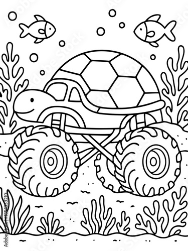 Turtle-Tank: A quirky sea turtle, transformed into a formidable machine with a sturdy shell and giant wheels, navigating through an aquatic environment with whimsical fish.