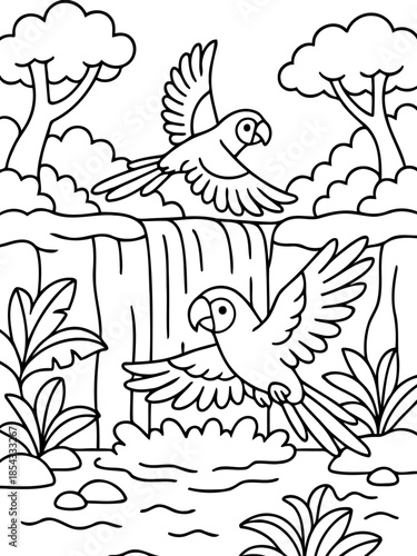 Jungle Parrot Cartoon: A pair of vibrant parrots soar gracefully through a lush jungle, their presence adding a touch of exoticism to the natural beauty.