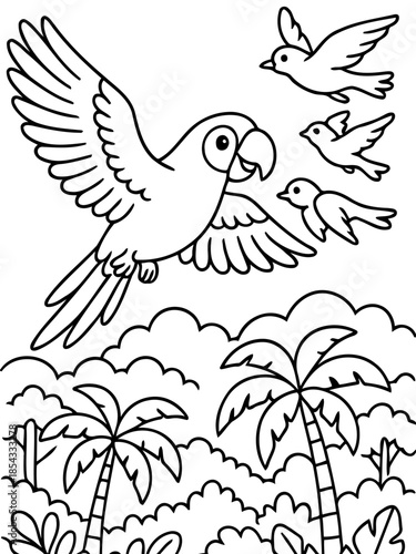 Parrot and Birds in Paradise: A whimsical monochrome illustration captures the vibrancy of a tropical scene, with a joyful parrot soaring alongside carefree birds, palm trees, and lush foliage.