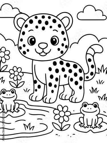 Cute Leopard Cub in Nature: A charming leopard cub gazes towards the viewer amidst nature's beauty. It is an ideal illustration for educational material and other creative projects. 