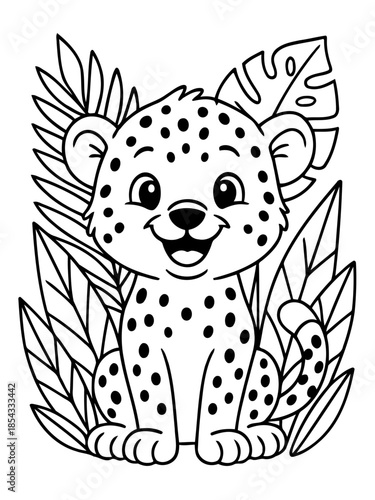 Cheetah Cub in Tropical Foliage: Adorable cheetah cub sits amidst lush tropical foliage, capturing playful innocence and youthful energy. 