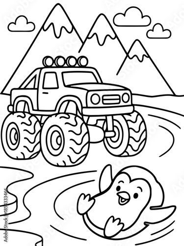 Adventure's Road: A bold and dynamic illustration captures a spirited adventure, as a mighty monster truck navigates a mountain pass while a penguin enjoys the water.