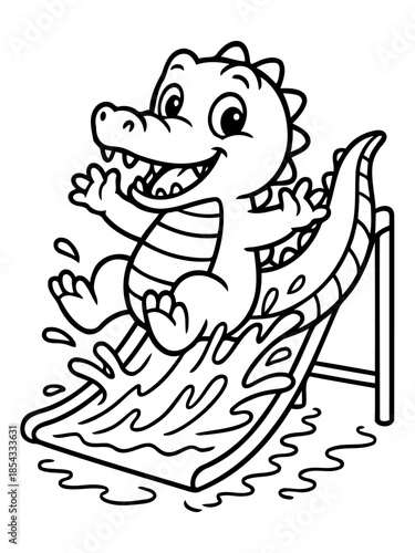 Alligator on a Water Slide: A cheerful alligator slides down a water slide with joyful glee, enjoying a splash of summer fun, ideal for children's designs and playful concepts.