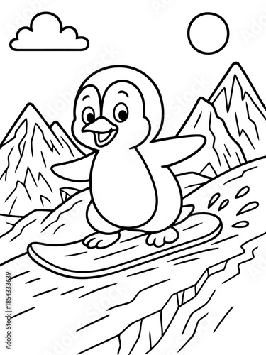 Penguin Snowboard Adventure: A cheerful penguin enjoys the thrill of snowboarding down a snowy slope, with the sun shining and mountains in the background, a cartoon adventure.